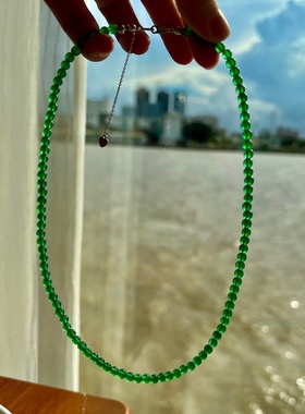 4mm天然绿玉髓短款锁骨链chocked链简约百搭绿色圆珠项链调节银链