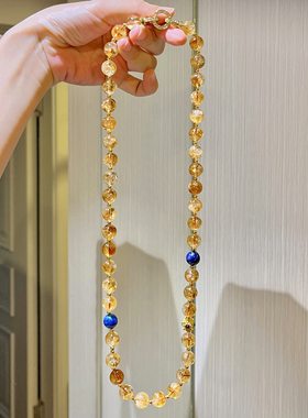 秋冬新品10mm天然黄水晶黄塔晶青金石复古项链毛衣链锁骨链