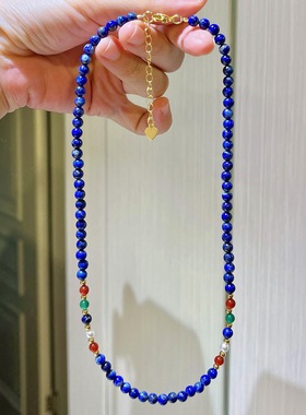 天然青金石项链女款锁骨链本命年红色颈链配饰毛衣链许我耀眼