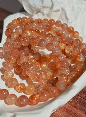 7-8mm天然金太阳石手串 透体日光石单圈圆珠手链女款橙红水晶饰品