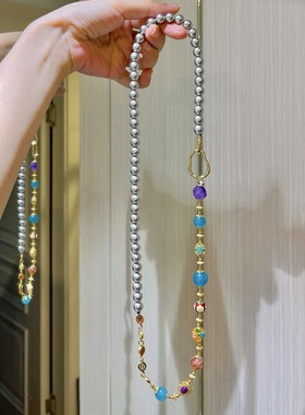 原创复古设计感人造铂金灰高光水晶珍珠项链新中式串珠毛衣链