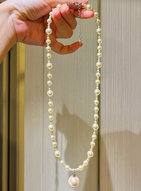 法式轻奢小众设计感高品质人造水晶冷白吊坠珍珠项链简约气质百搭