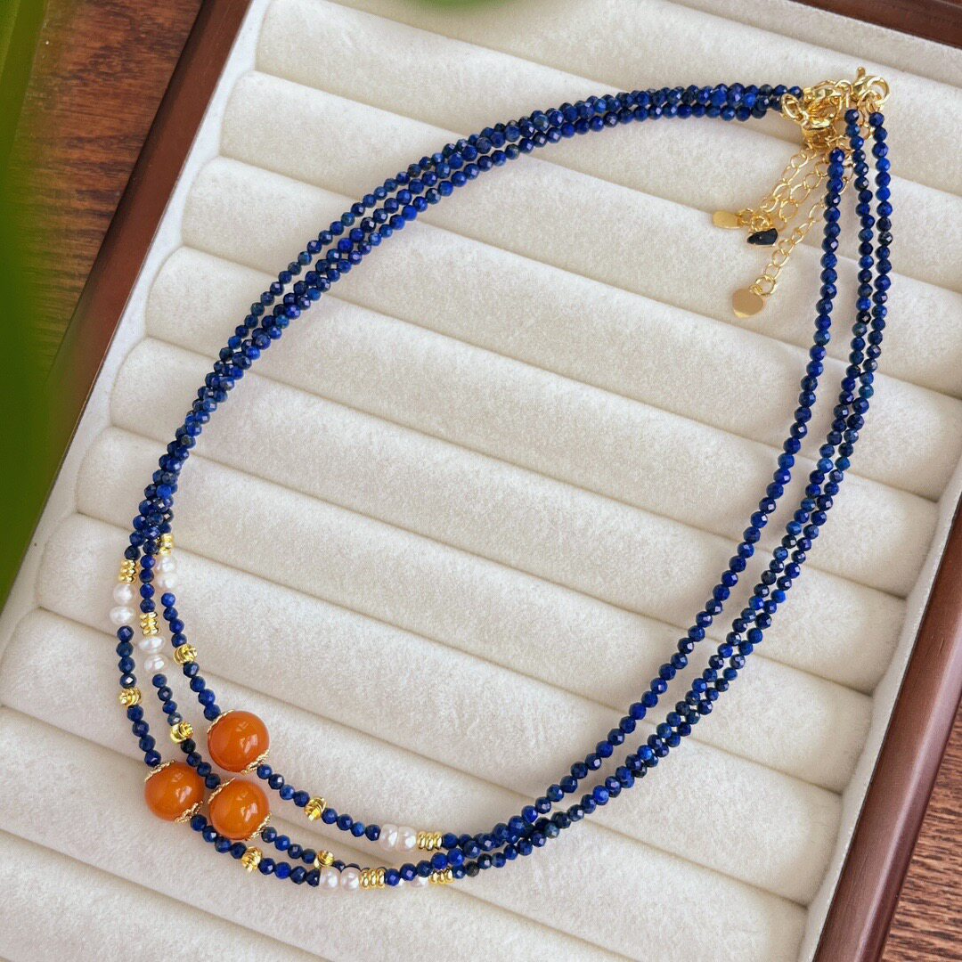 复古天然青金石项链女新中式蜜蜡珍珠锁骨链爆款国风手工颈链