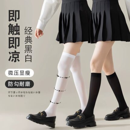 过膝袜女夏季薄款天鹅绒日系JK袜子透气小腿袜奶白黑色白色长筒袜