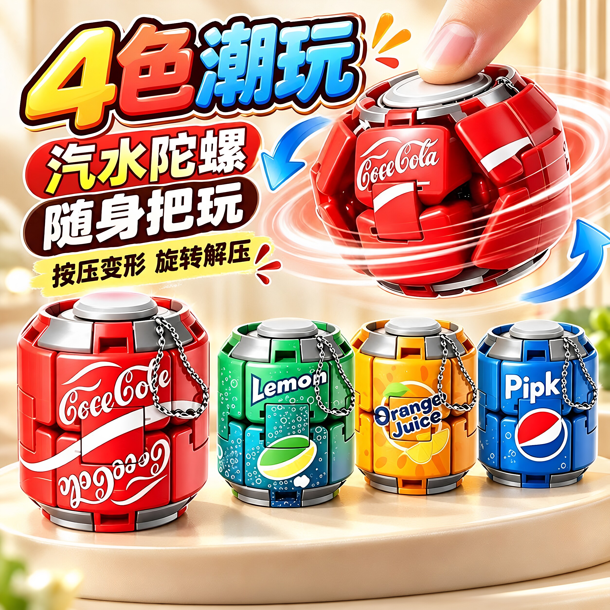 网红汽水陀螺按压旋转解压球彩色球形指尖玩具儿童解闷潮玩摆件