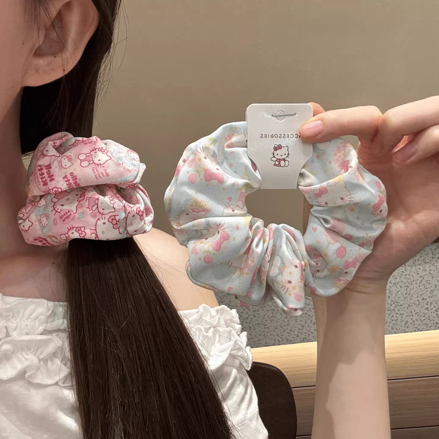 可爱卡通印花大肠发圈高马尾