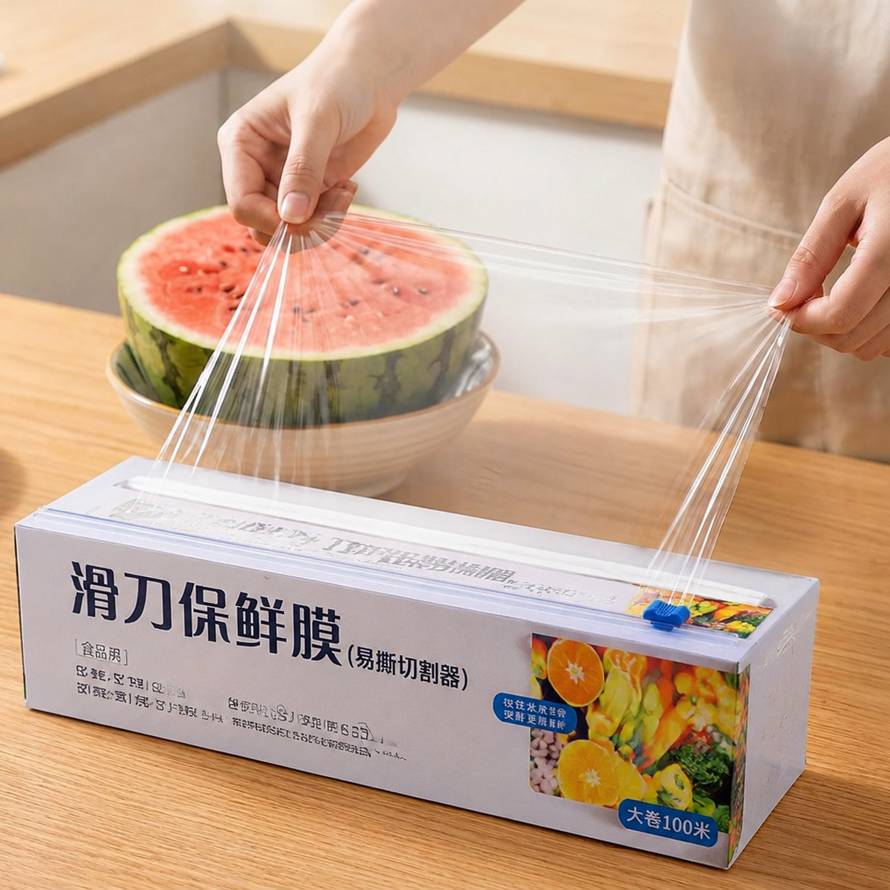 厨房滑刀式保鲜膜带切割器家用食品级保鲜膜套盒装大卷加厚免手撕