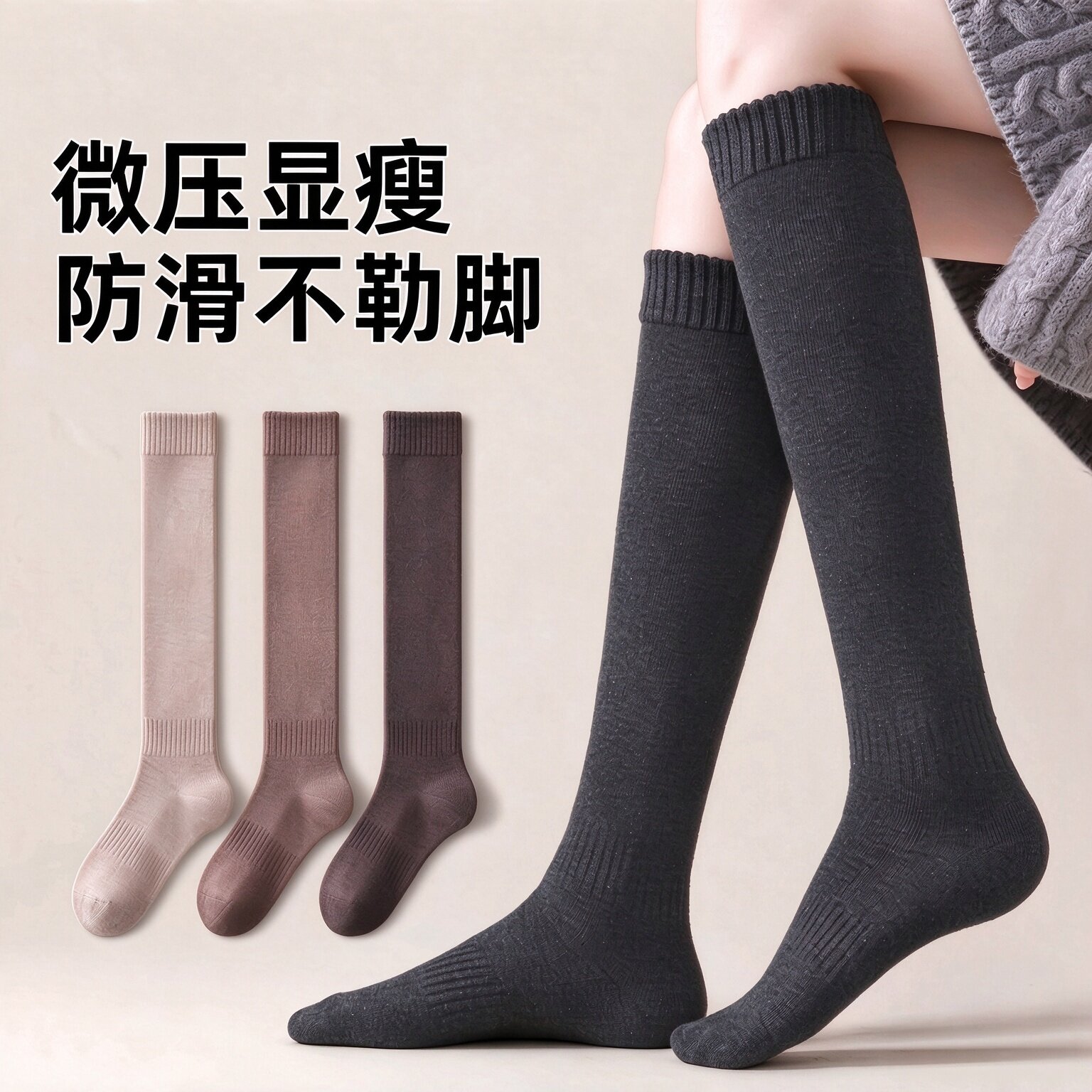 小腿袜子女士秋冬季加绒加厚保暖防滑及膝长袜压力毛圈毛巾袜咖色