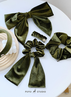 朴遇 复古绿~日常气质进口丝绒蝴蝶结大号发夹发箍发圈发饰头饰