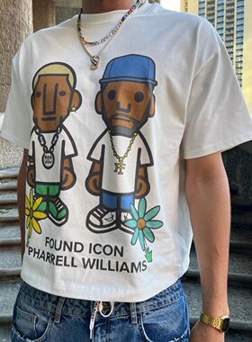 菲董 卡通形象 PHARRELL WILLIAMS 人像 短袖T恤 vintage 美式