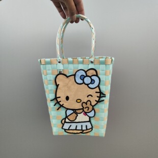 新款竖款塑料编织包篮子手提沙滩包diy拍照休闲女包网红款街拍篮