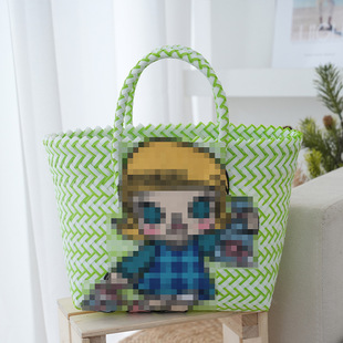 网红甜酷菜篮子编织包卡通刺绣彩色购物篮上班通勤女士手提塑编包