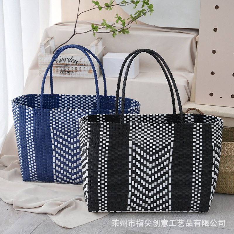 夏季条纹塑料编织大容量菜篮包