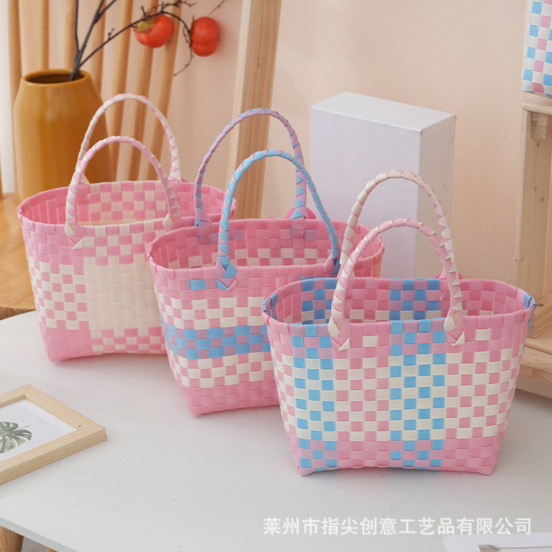 彩色大容量编织包手提菜篮子伴手礼包包野餐外出手拎塑编女士包