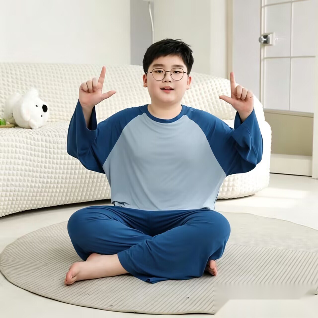 胖大童莫代尔家居服套装男女春夏宽松睡衣空调服薄款撞色套头圆领