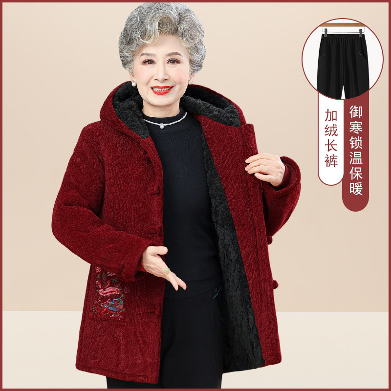 老年人奶奶灯芯绒棉袄中长款连帽
