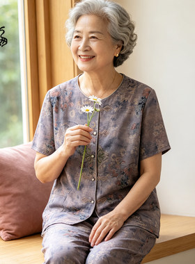 奶奶夏装短袖衬衫中老年人套装女