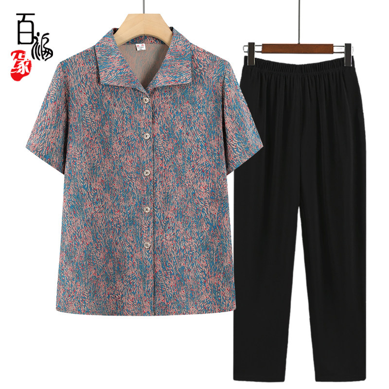 中老年人夏装女衬衫短袖奶奶套装