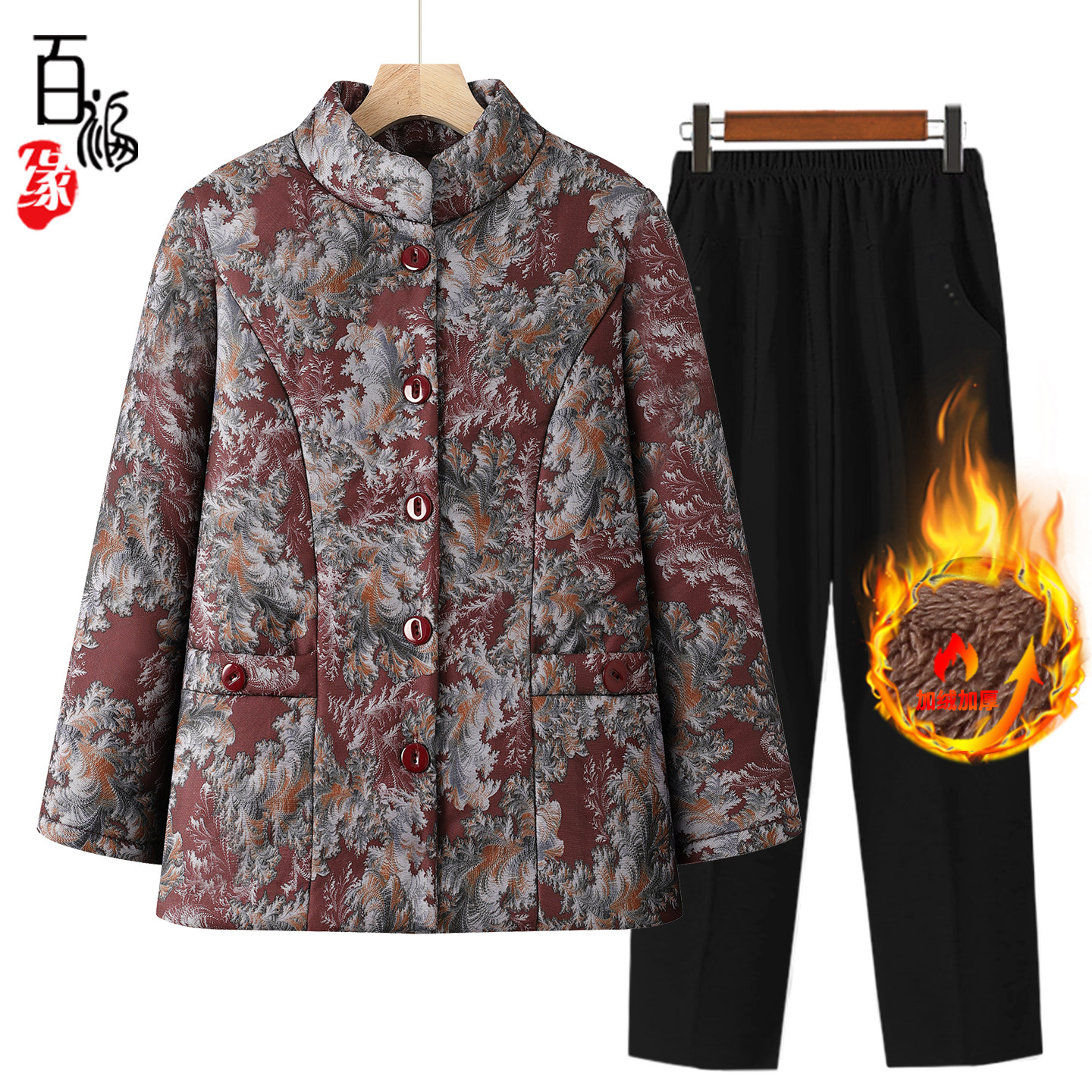 老年人冬装女加绒加厚棉服奶奶装