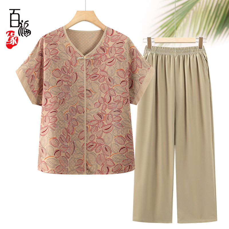 奶奶夏装套装中年人女T恤两件套