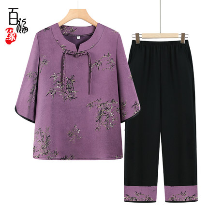 妈妈夏装中袖洋气套装女中老年人上衣奶奶装夏季T恤衫老太太衣服