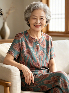 妈妈夏装套装中老年女装新款T恤奶奶装夏季冰丝短袖老人太太衣服