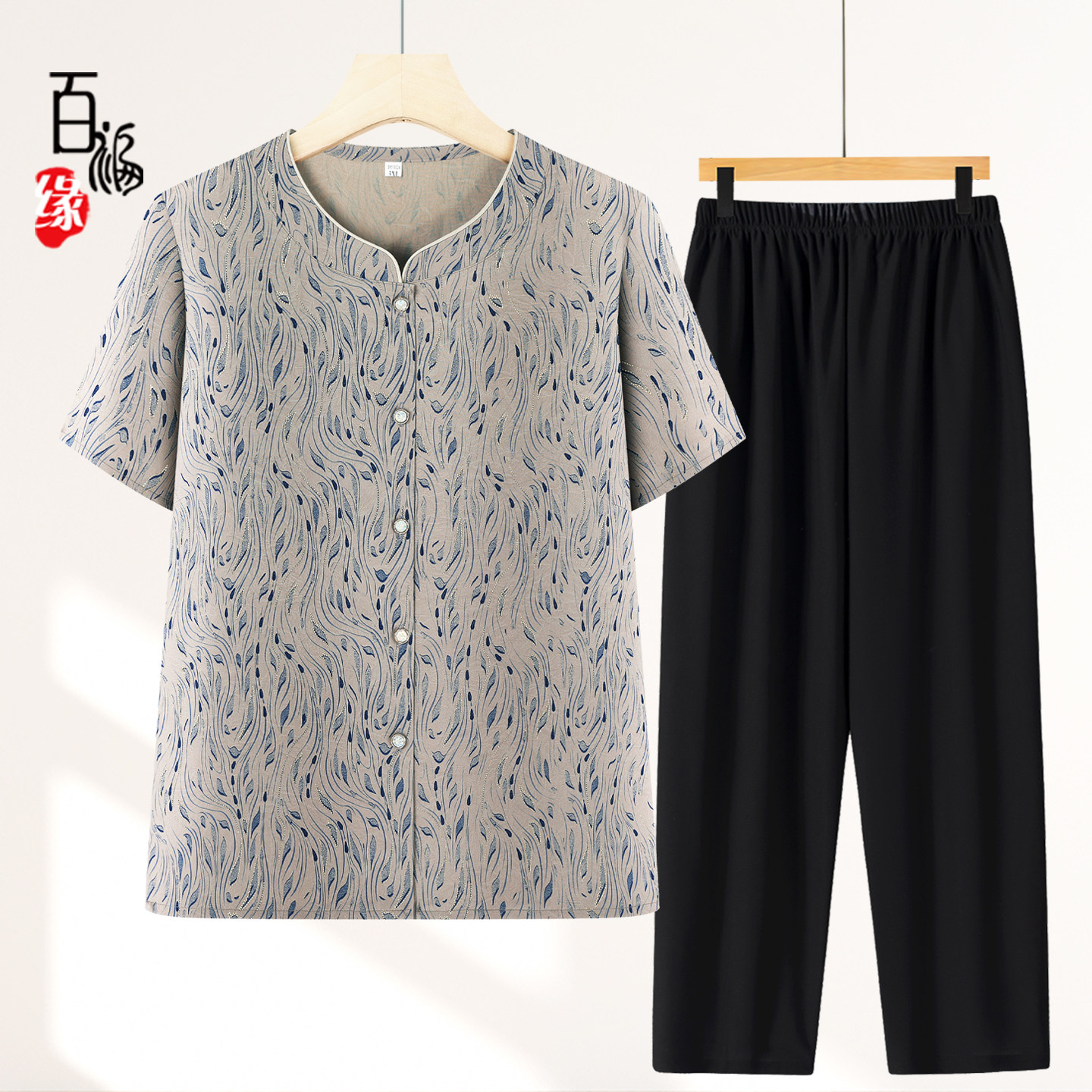 奶奶装夏装套装老年女装短袖衬衫