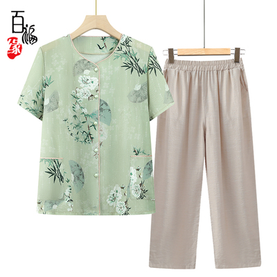 中老年人夏装女短袖衬衫奶奶套装