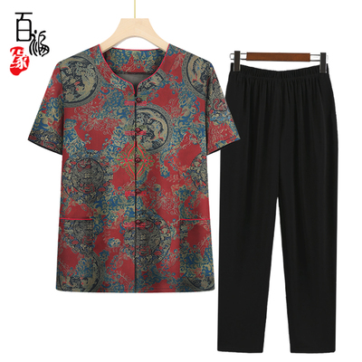 中老年人夏装套装女奶奶短袖衬衫
