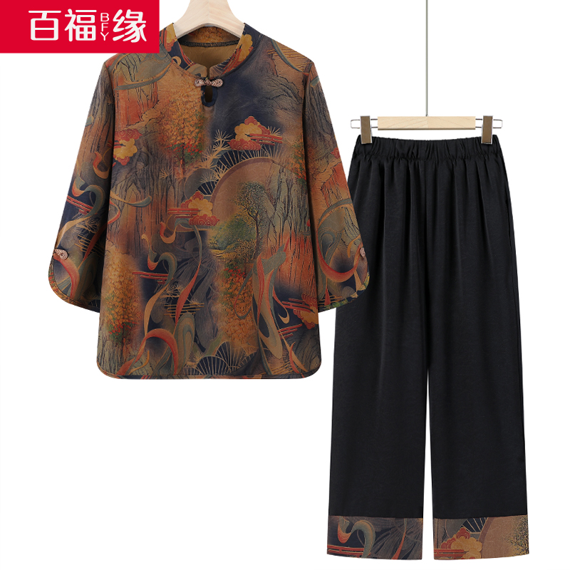 中老年人T恤套装女奶奶夏装衣服