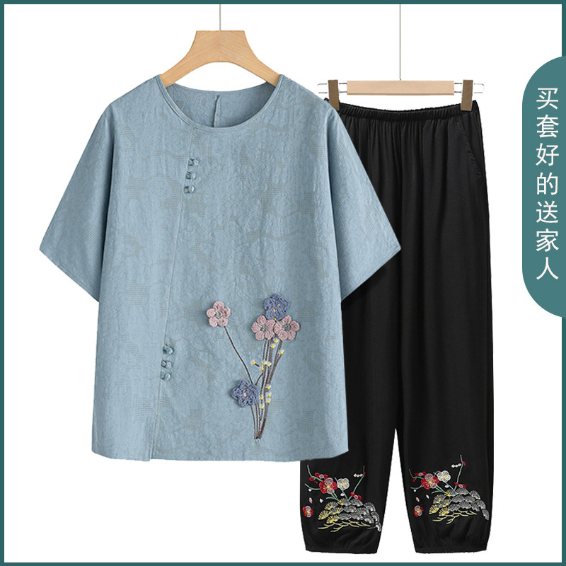 新款奶奶夏装棉麻短袖套装女薄款