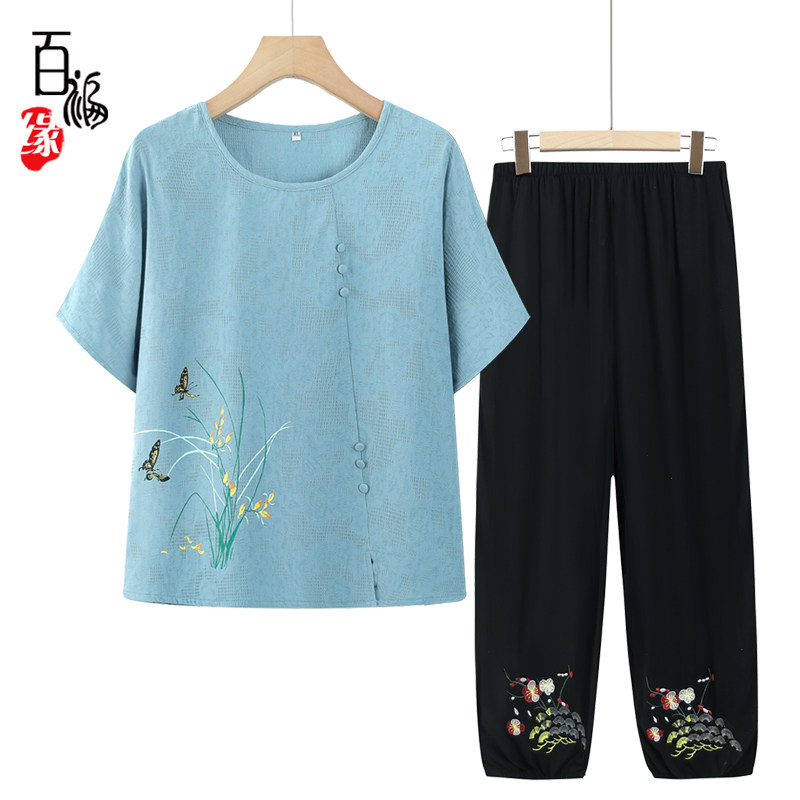 妈妈夏装绣花棉麻套装新款中老年