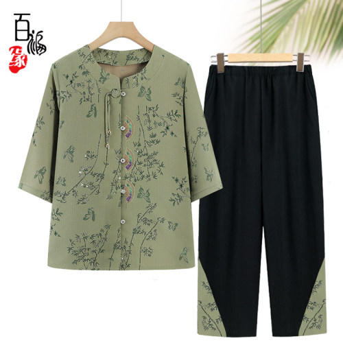 老年女新中式衬衫奶奶装夏季套装