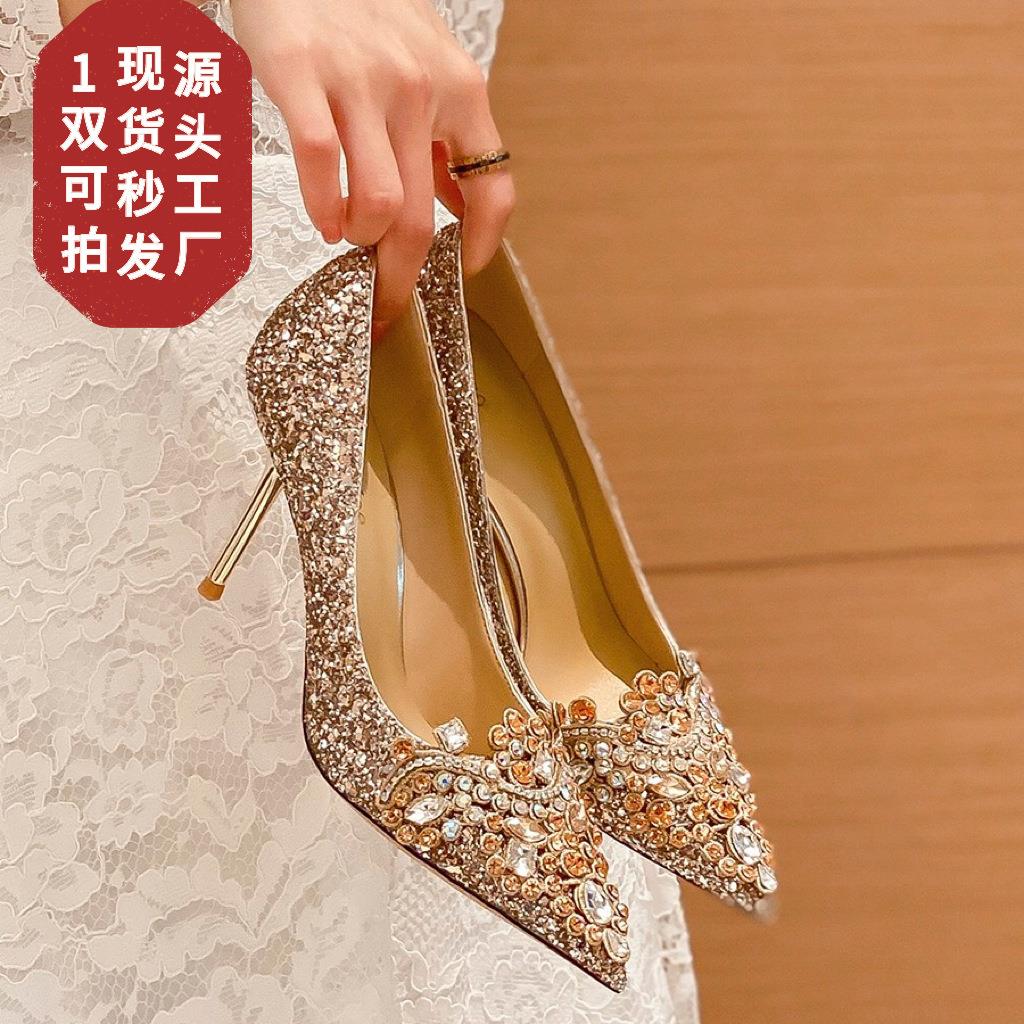 现货婚鞋新娘鞋2025年香槟金色中式秀禾服结婚鞋高跟鞋细跟单鞋女