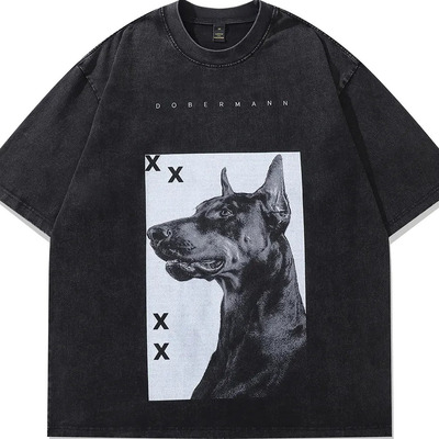 高街直喷杜宾犬印花重磅水洗做旧纯棉短袖t恤男女美式复古潮牌