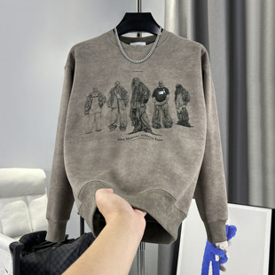 男士男款长款T恤卫衣秋冬加厚加绒保暖扎染美式休闲复古印花上衣