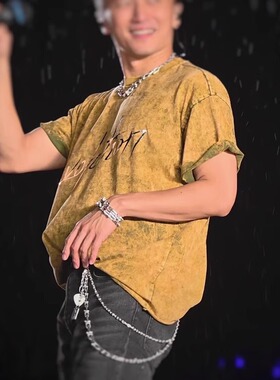 谢霆锋广州演唱会同款短袖T恤黄色衣服重磅纯棉水洗做旧280g男女