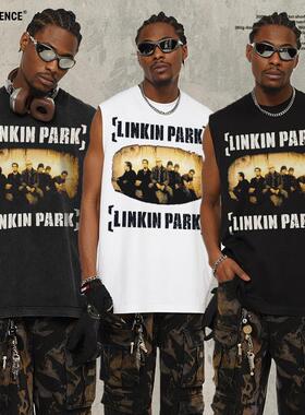 夏季Linkin Park林肯公园美式摇滚复古印花坎肩背心重磅纯棉t恤男