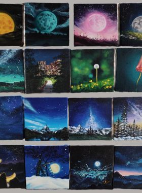 夜空迷你小画板丙烯颜料手绘涂鸦装饰摆件星空月亮桌面摆件送礼