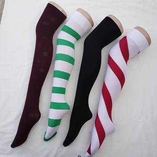 高弹日系天鹅绒女士彩色条纹提花纹大腿袜长筒袜小众少女袜