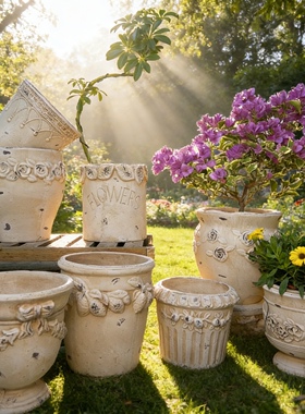 红陶手工花盆浮雕粗陶法式复古庭院草花盆粗透气绿植藤蔓大口径