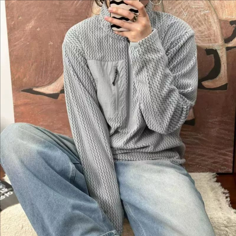 春秋冬户外波浪纹加厚蓄热情侣立领保暖抓绒衣男女打底卫衣男T恤