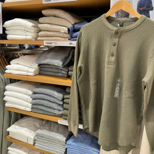 男女465496 T恤圆领打底衫 试衣间日系春秋华夫格亨利领套头衫 长袖