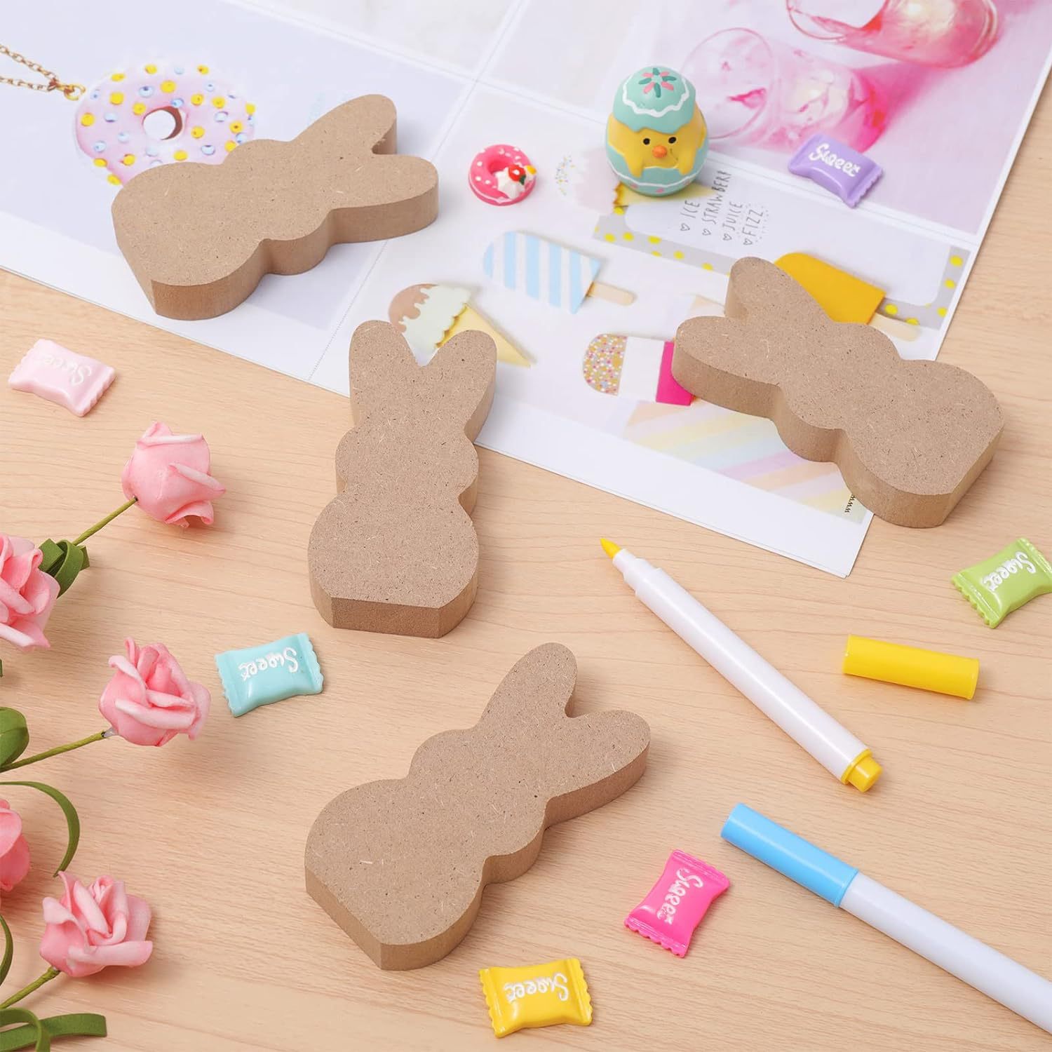 复活节摆件派对宴会托盘兔子木质工艺品彩色兔子配麻绳桌面