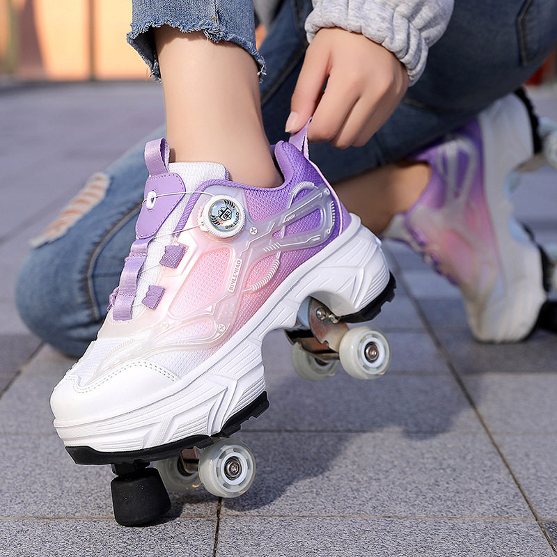 BINLENIAO跨境暴走鞋儿童四轮滑轮鞋女 可一键收缩双排变形鞋女孩