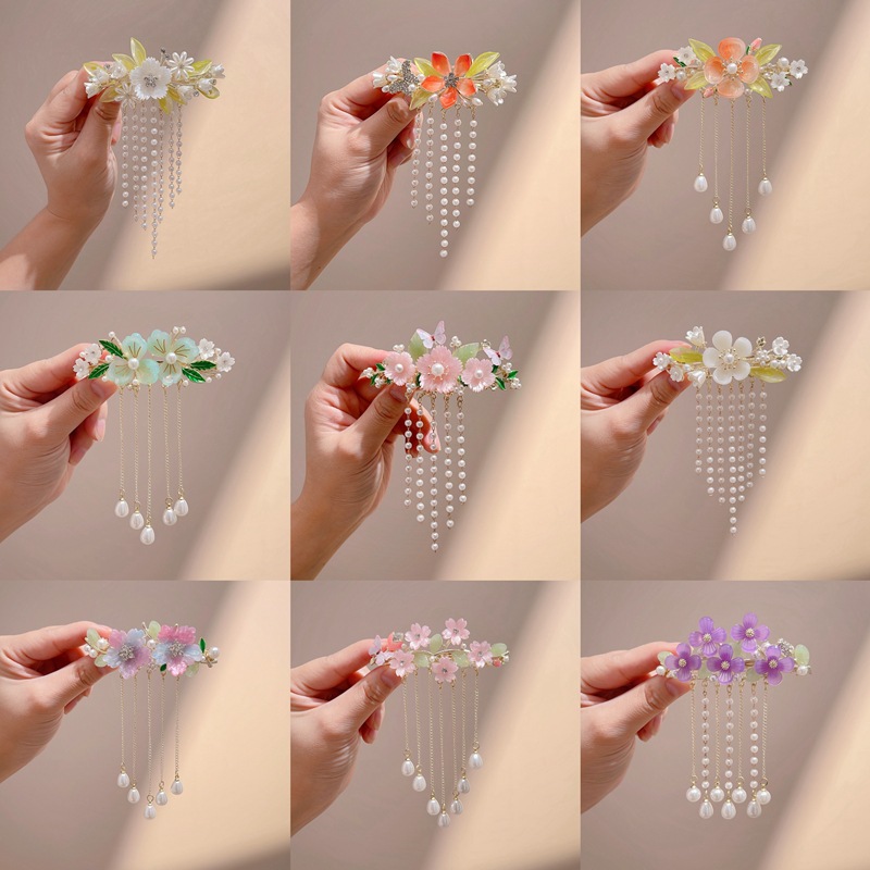 厂家直销古风超仙时尚花朵流苏发夹汉服旗袍配饰半扎珍珠发卡