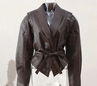 时尚 跨境欧美风爆款 街头个性 新款 复古仿皮夹克外套翻领系带 春季