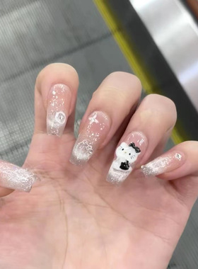 穿戴甲纯手工美甲成品假指甲贴片裸色猫眼法式黑色KT猫小红书爆款