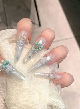 【花语锦饰】高级流光飘带美甲蓝色花球渐变猫眼穿戴甲甲片