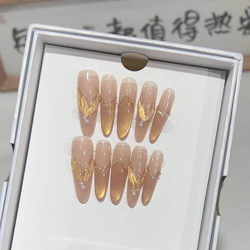 细狗猫眼鱼尾穿戴甲手工裸色气质款金色魔镜法式手绘款美甲片